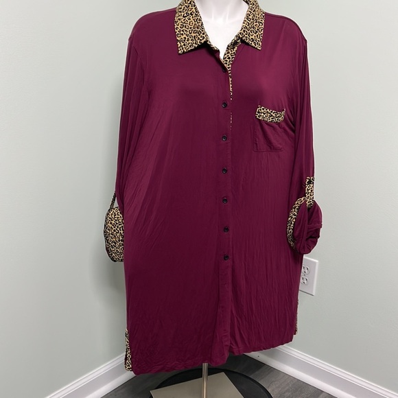 SIMPLY NOELLE Merlot and Leopard Button down  NIGHTSHIRT Size XXL 16-18 - Picture 3 of 7